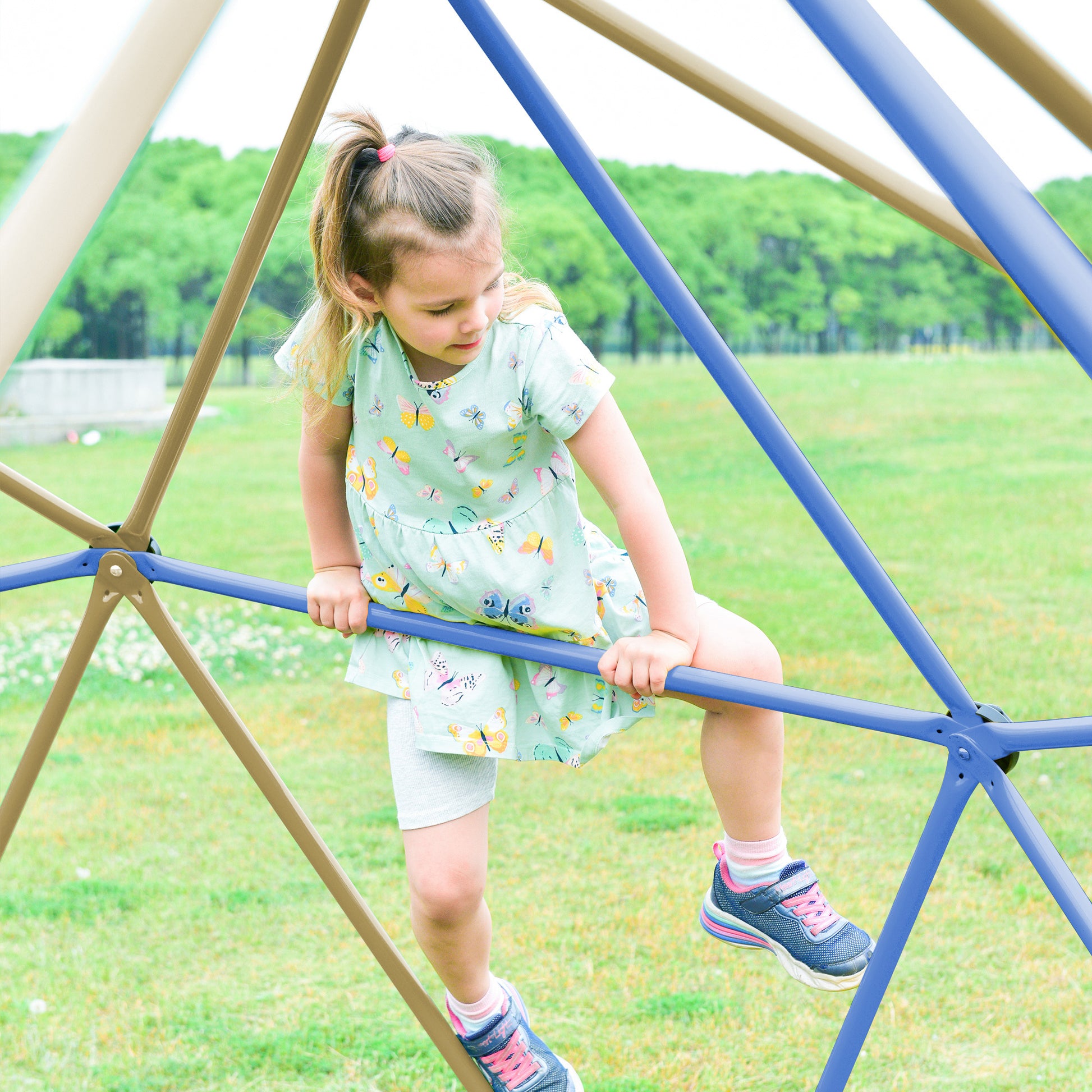 Kids Climbing Dome With Canopy And Playmat 10 Ft Jungle Gym Geometric Playground Dome Climber Play Center, Rust & Uv Resistant Steel Supporting 1000 Lbs Blue Metal Outdoor