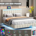 Queen Size Floating Bed Frame With Led Lights And Usb Charging,Modern Upholstered Platform Led Bed Frame,Beige Beige Linen