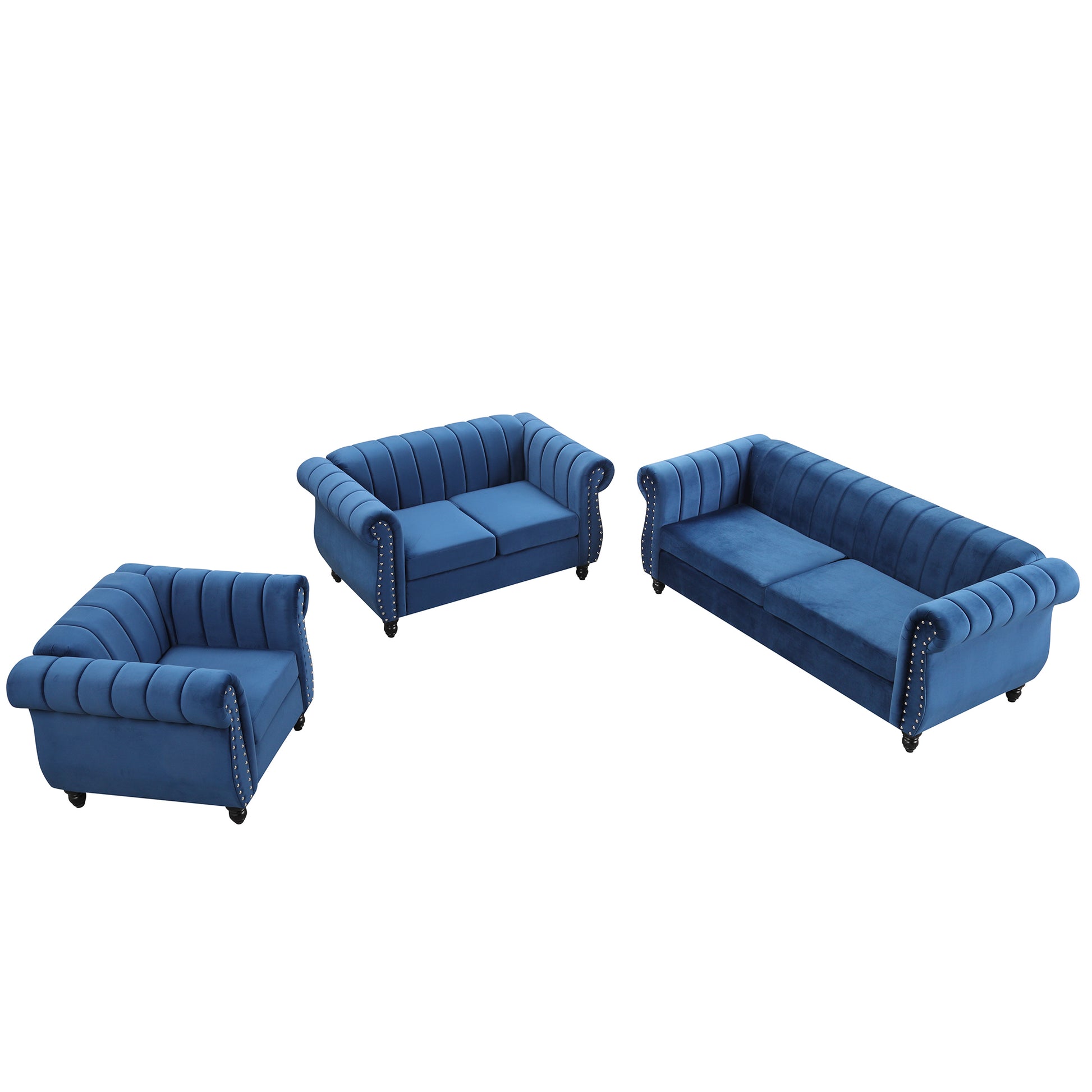 Modern Three Piece Sofa Set With Solid Wood Legs, Buttoned Tufted Backrest, Frosted Velvet Upholstered Sofa Set Including Three Seater Sofa, Double Seater And Living Room Furniture Set Single Chair Blue Foam Polyester