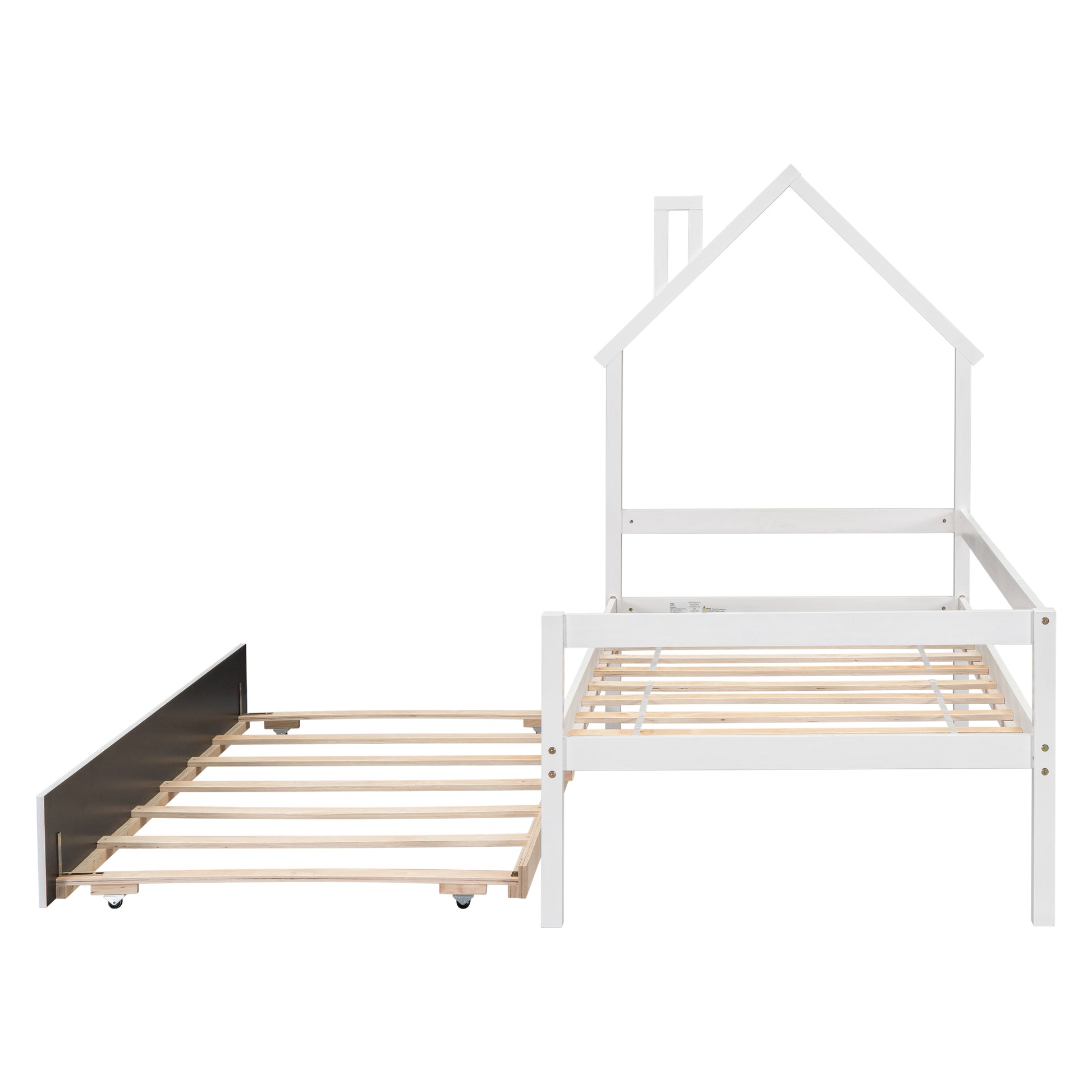 Twin House Wooden Daybed With Trundle, Twin House Shaped Headboard Bed With Guardrails,White Twin White Wood Bedroom American Design Pine Pine