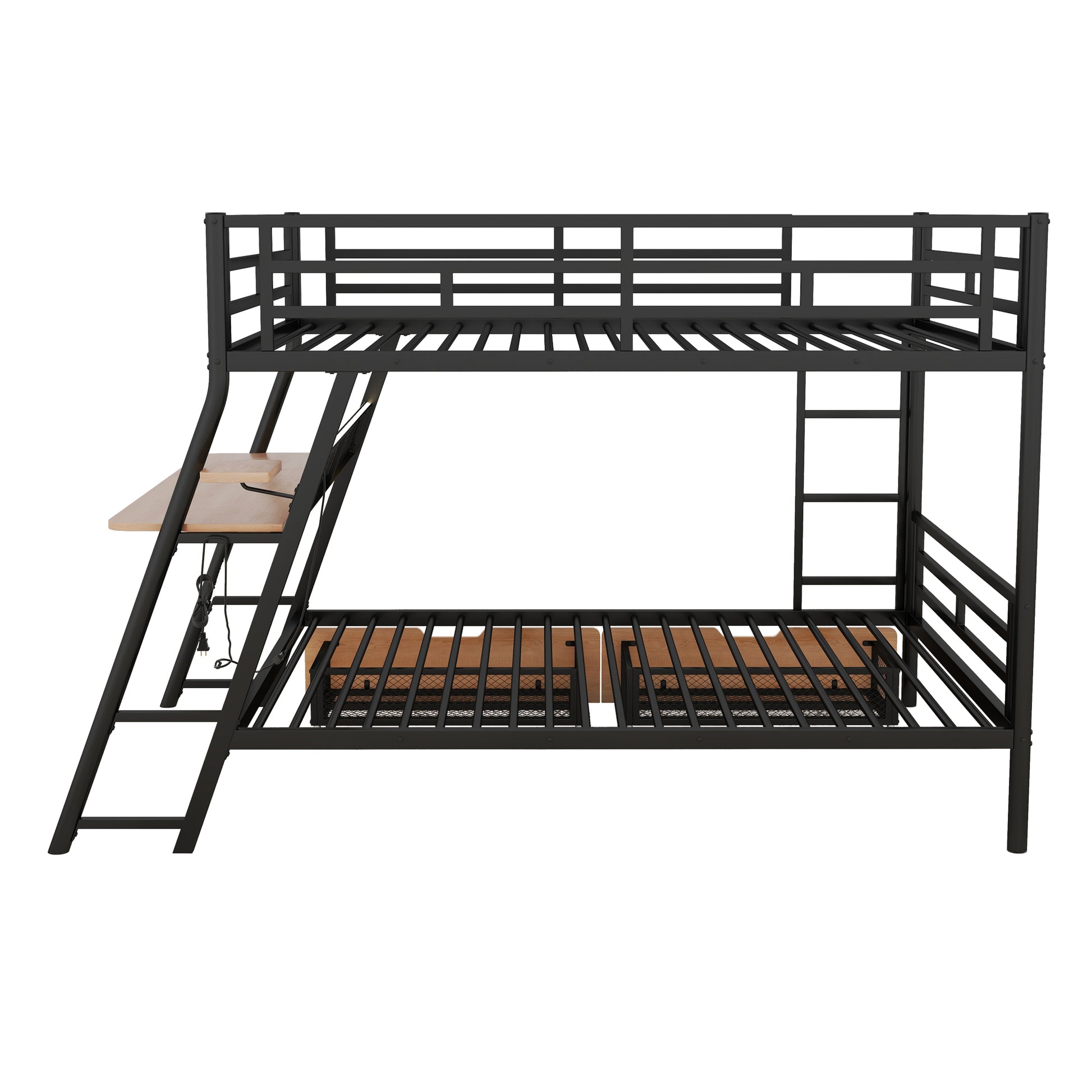 Full Size Metal Bunk Bed With Built In Desk, Light And 2 Drawers, Black Box Spring Not Required Full Black Metal Bedroom Bunk Metal & Wood