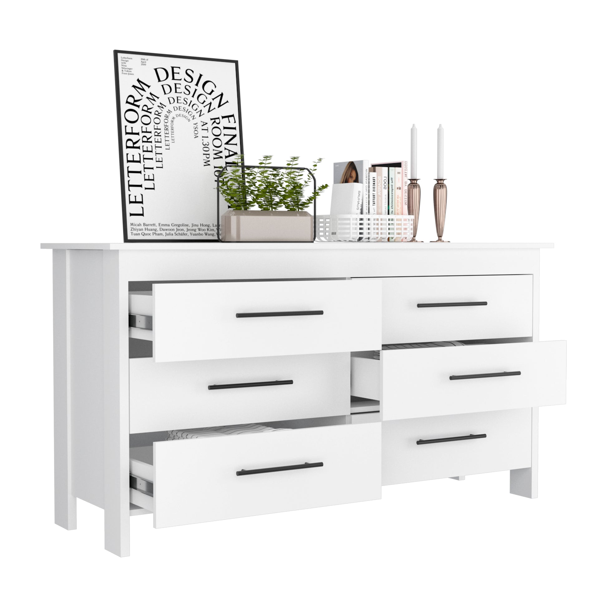 Hms 6 Drawer Double Dresser, Four Legs, Superior Top White White Modern Particle Board Particle Board