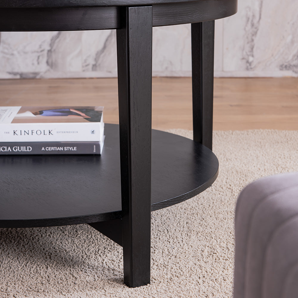 Round Glass Top Solid Wood Storage Coffee Table, Black Black Wood Glass