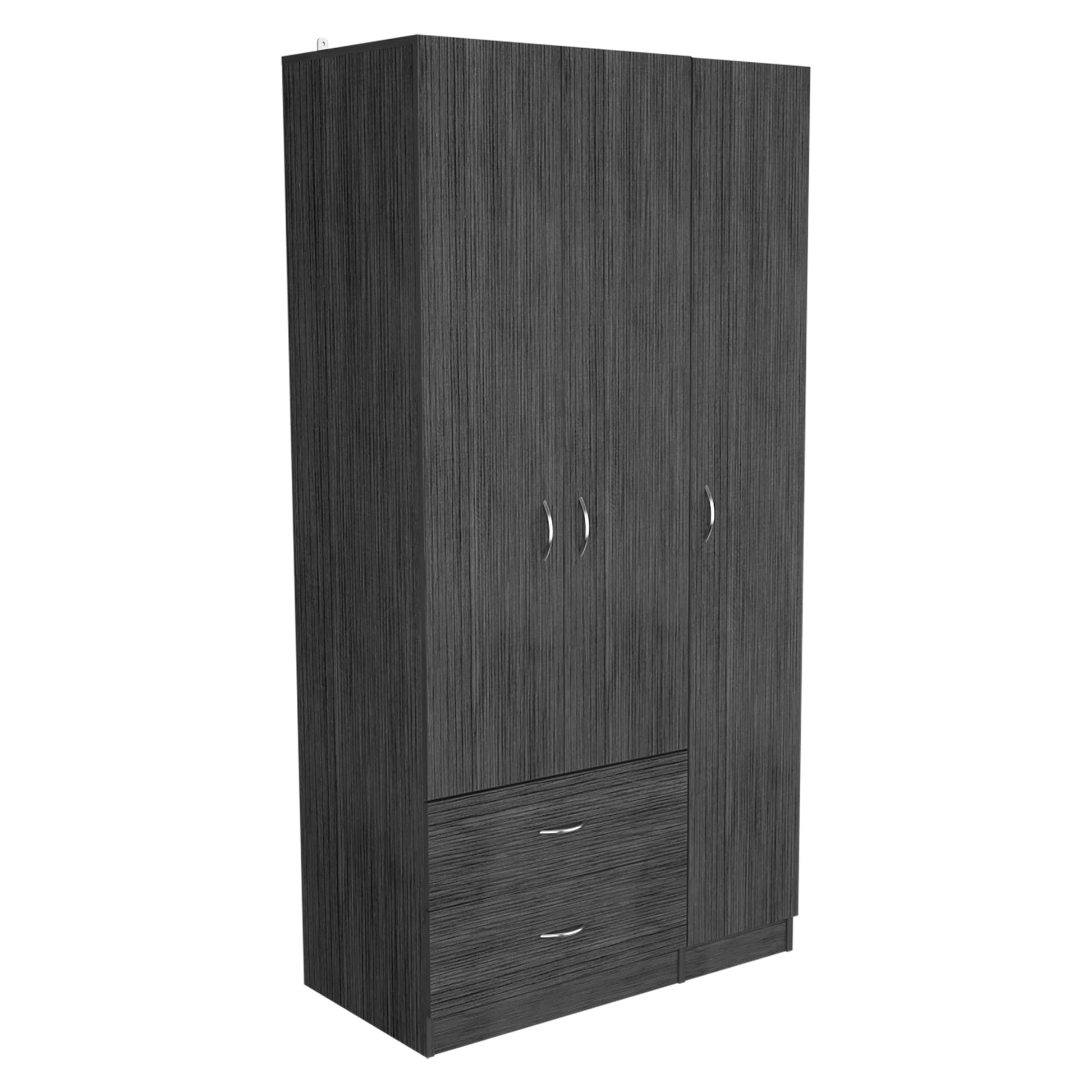 Austral 3 Door Armoire With Two Drawers, Shelves, And Hanging Rod Smokey Oak . White Smoke Grey Gray Bedroom Modern Particle Board