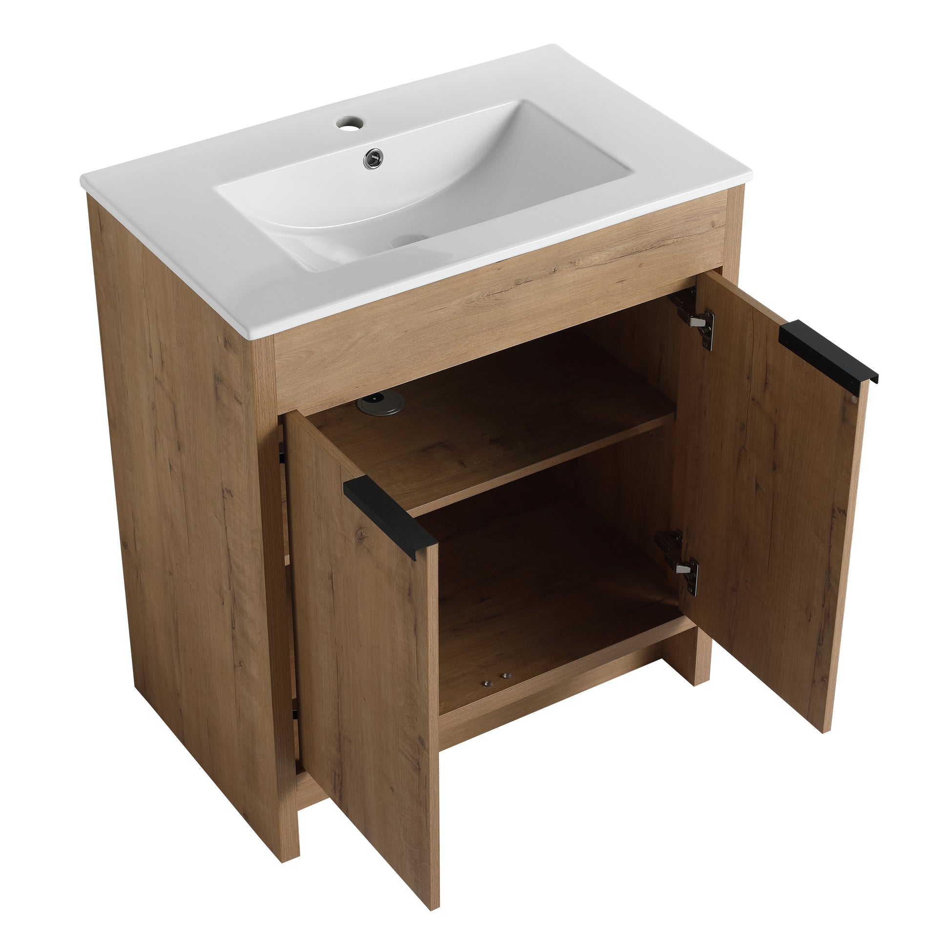 30" Freestanding Bathroom Vanity With White Ceramic Sink & 2 Soft Close Cabinet Doors Kd Packing ,Bvb02430Imo Bl9075B Imitative Oak 2 Bathroom Freestanding Modern Plywood