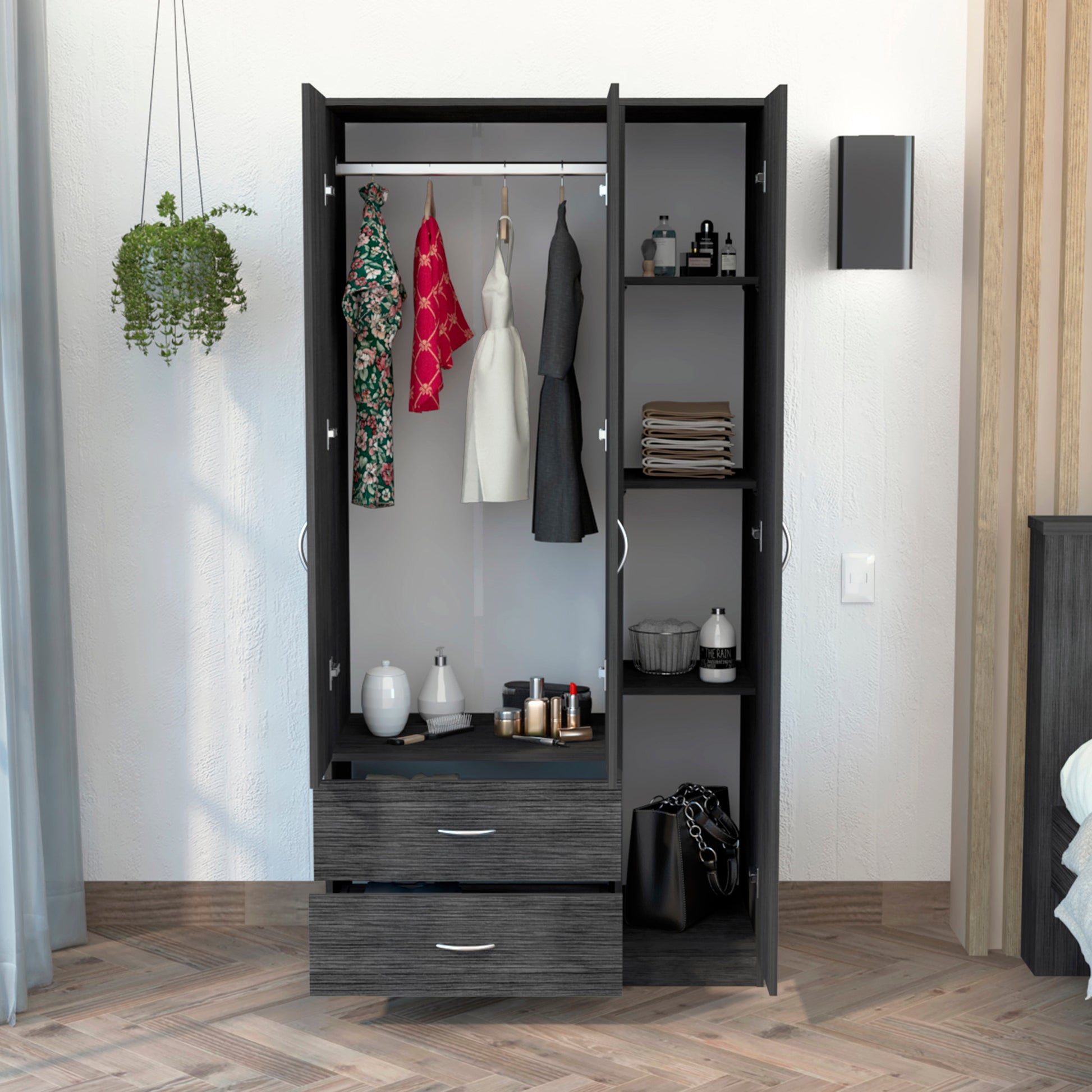 Austral 3 Door Armoire With Two Drawers, Shelves, And Hanging Rod Smokey Oak . White Smoke Grey Gray Bedroom Modern Particle Board