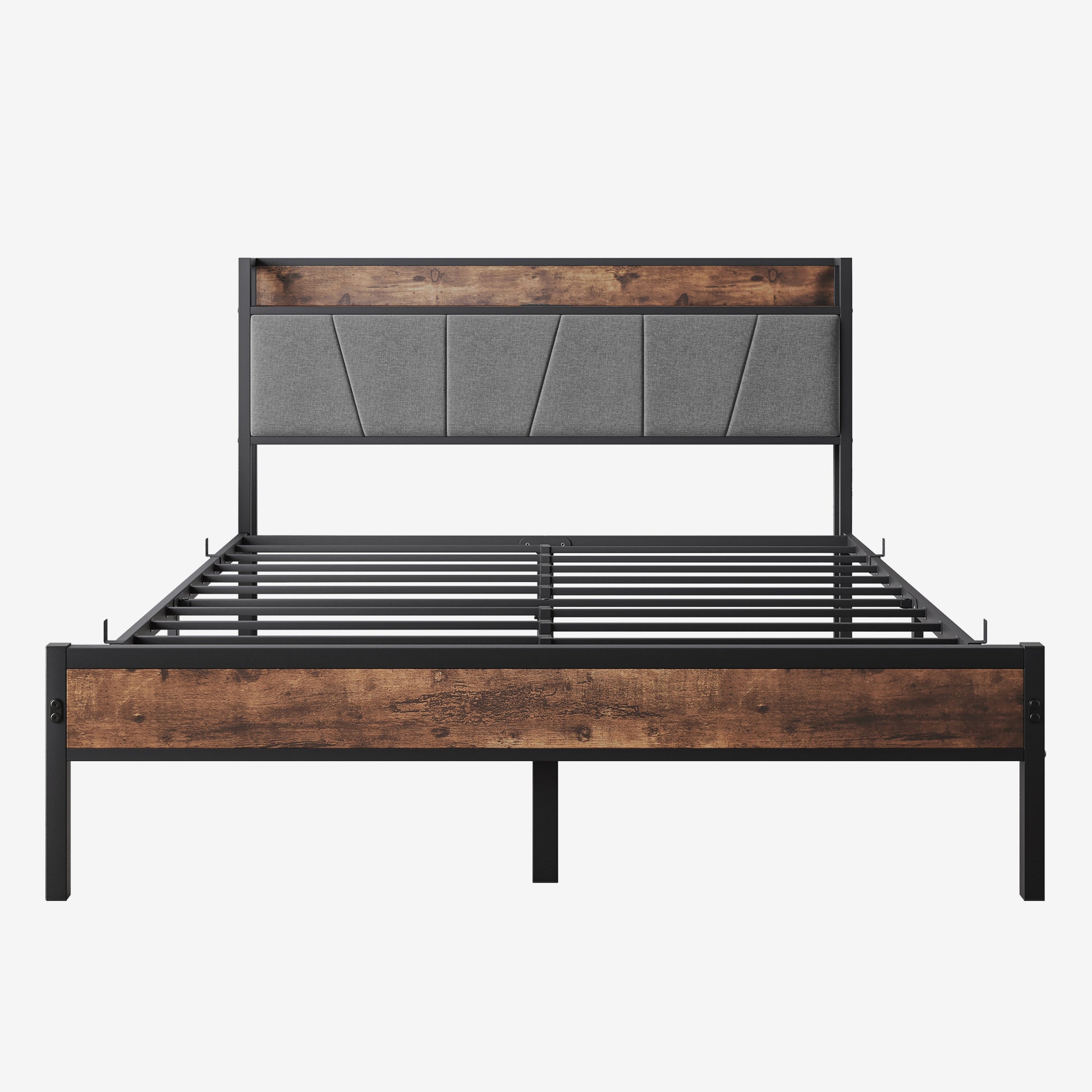Queen Size Bed Frame, Storage Headboard With Charging Station, Solid And Stable, Noise Free, No Box Spring Needed, Easy Assembly, Vintage Brown And Gray Box Spring Not Required Queen Black Iron Brown Bedroom Bed Frame Metal & Wood