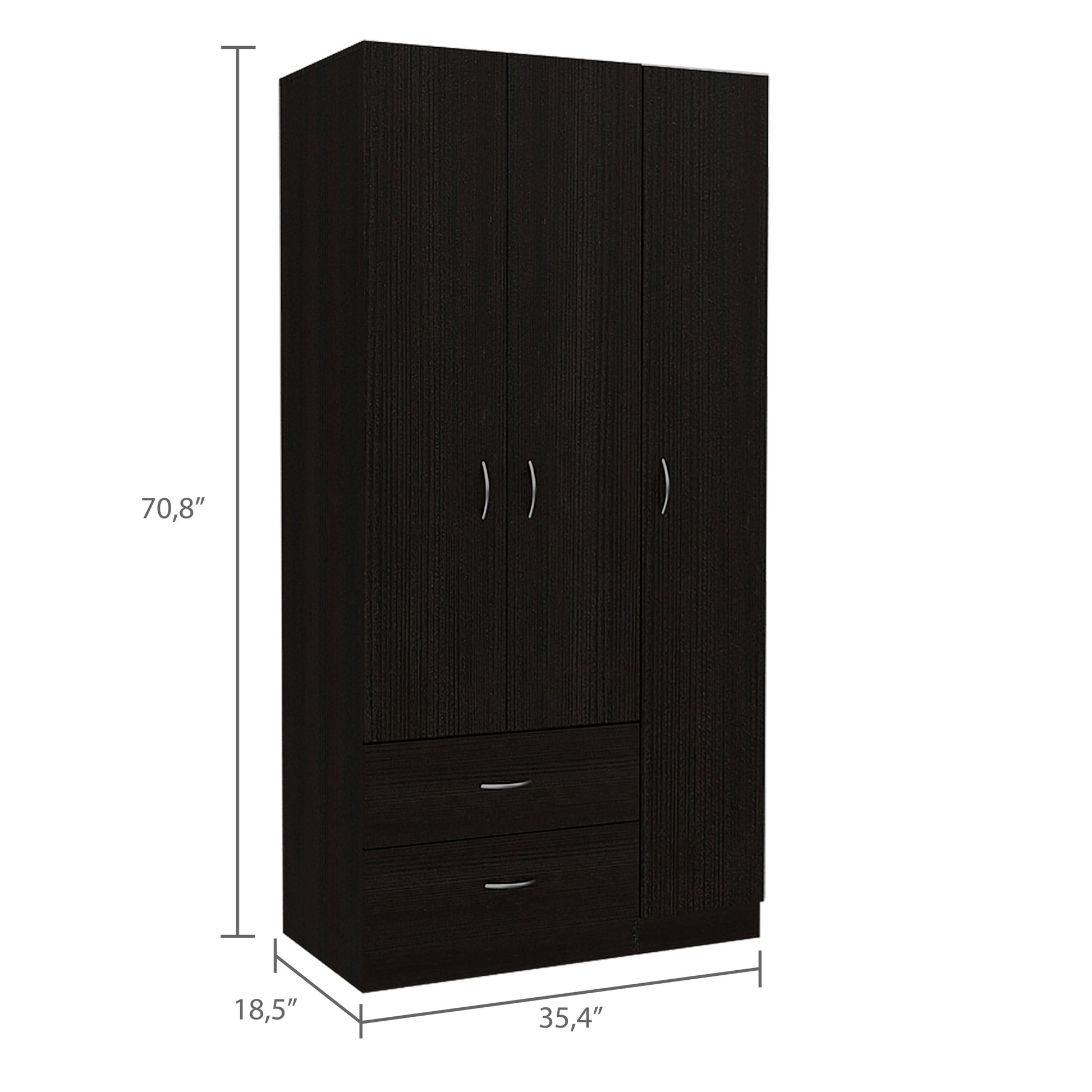 Austral 3 Door Armoire With Two Drawers, Shelves, And Hanging Rod Black Black Particle Board
