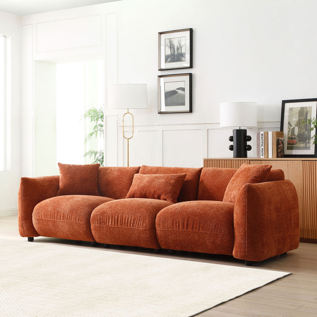 Mid Century Modern Couch 3 Seater Sofa For Living Room, Bedroom. Orange Orange Boucle 3 Seat