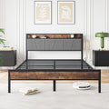 Queen Size Bed Frame, Storage Headboard With Charging Station, Solid And Stable, Noise Free, No Box Spring Needed, Easy Assembly, Vintage Brown And Gray Box Spring Not Required Queen Black Iron Brown Bedroom Bed Frame Metal & Wood