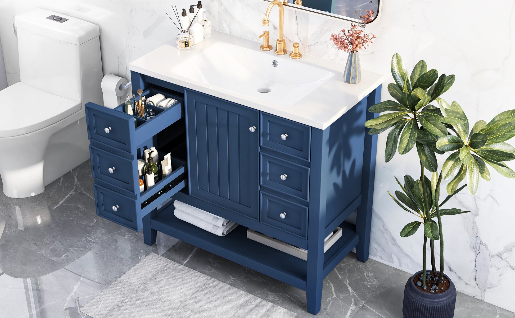 36" Bathroom Vanity With Sink Combo, One Cabinet And Three Drawers, Solid Wood And Mdf Board, Blue Old Sku:Sy999505Aac Blue Solid Wood Mdf