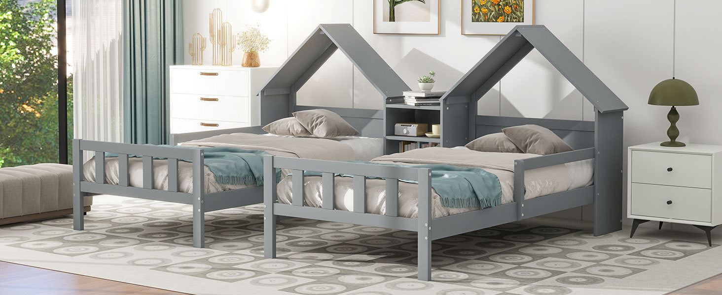 Double Twin Size Platform Bed With House Shaped Headboard And A Built In Nightstand, Grey Box Spring Not Required Twin Grey Wood Bedroom Bed Frame Solid Wood Mdf