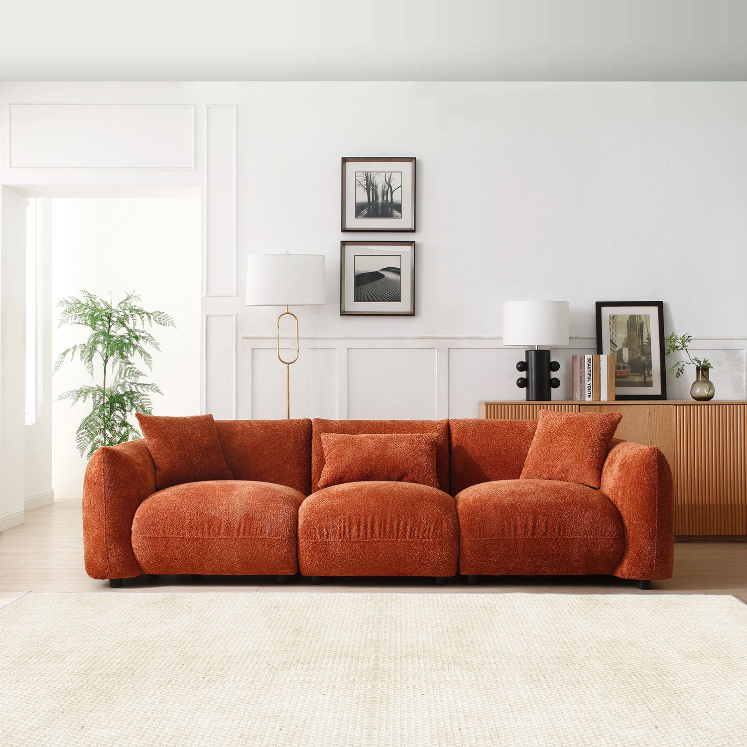 Mid Century Modern Couch 3 Seater Sofa For Living Room, Bedroom. Orange Orange Boucle