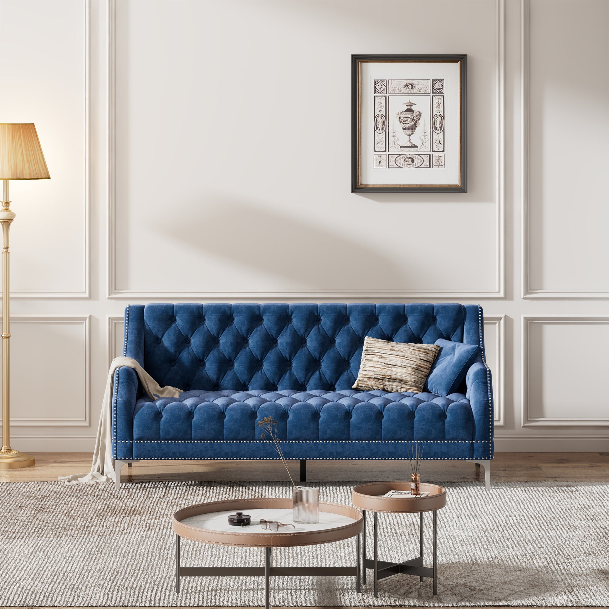 78" Modern Sofa Dutch Plush Upholstered Sofa With Metal Legs, Button Tufted Back Blue Blue Foam Polyester