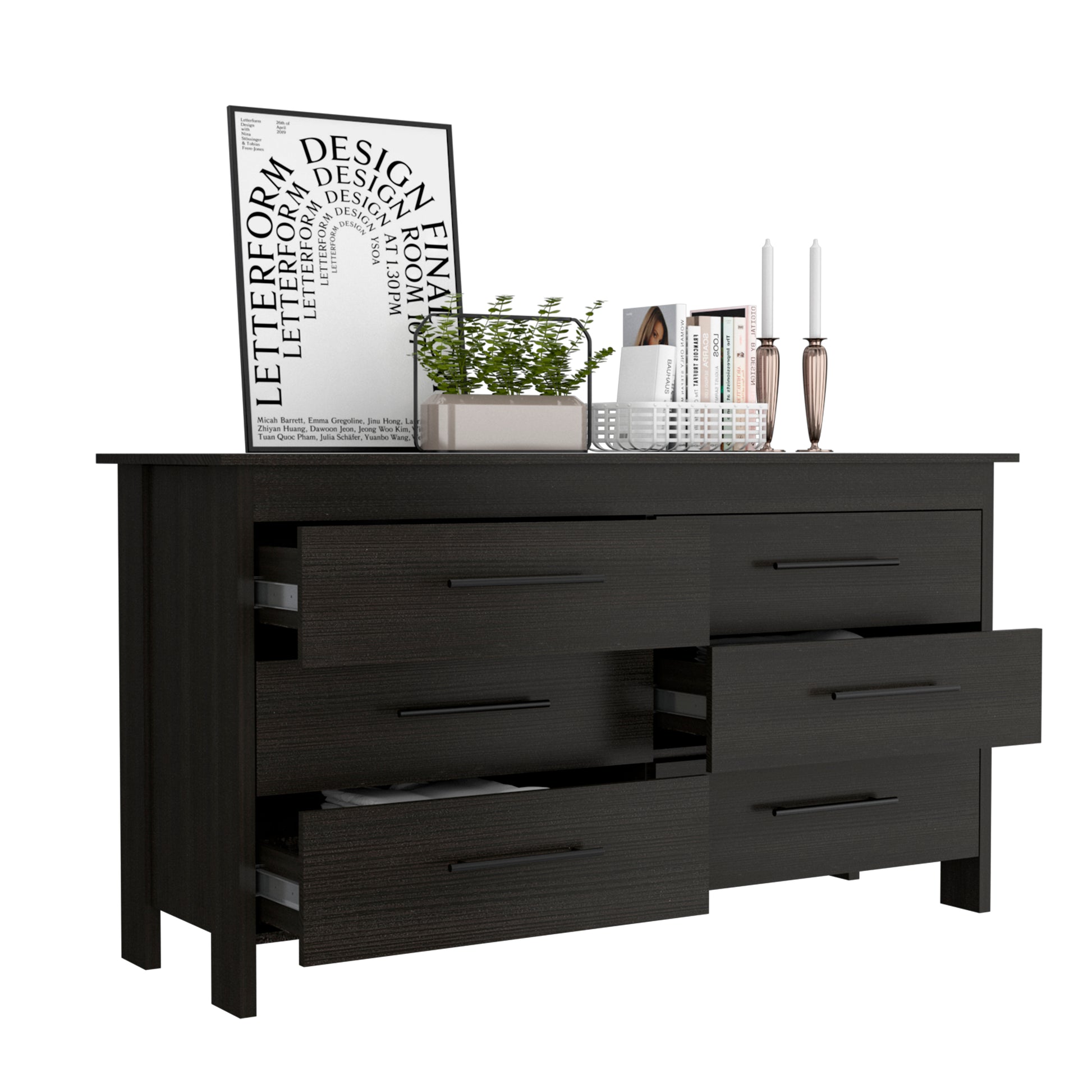 Hms 6 Drawer Double Dresser, Four Legs, Superior Top Black Black Bedroom Modern Particle Board Particle Board