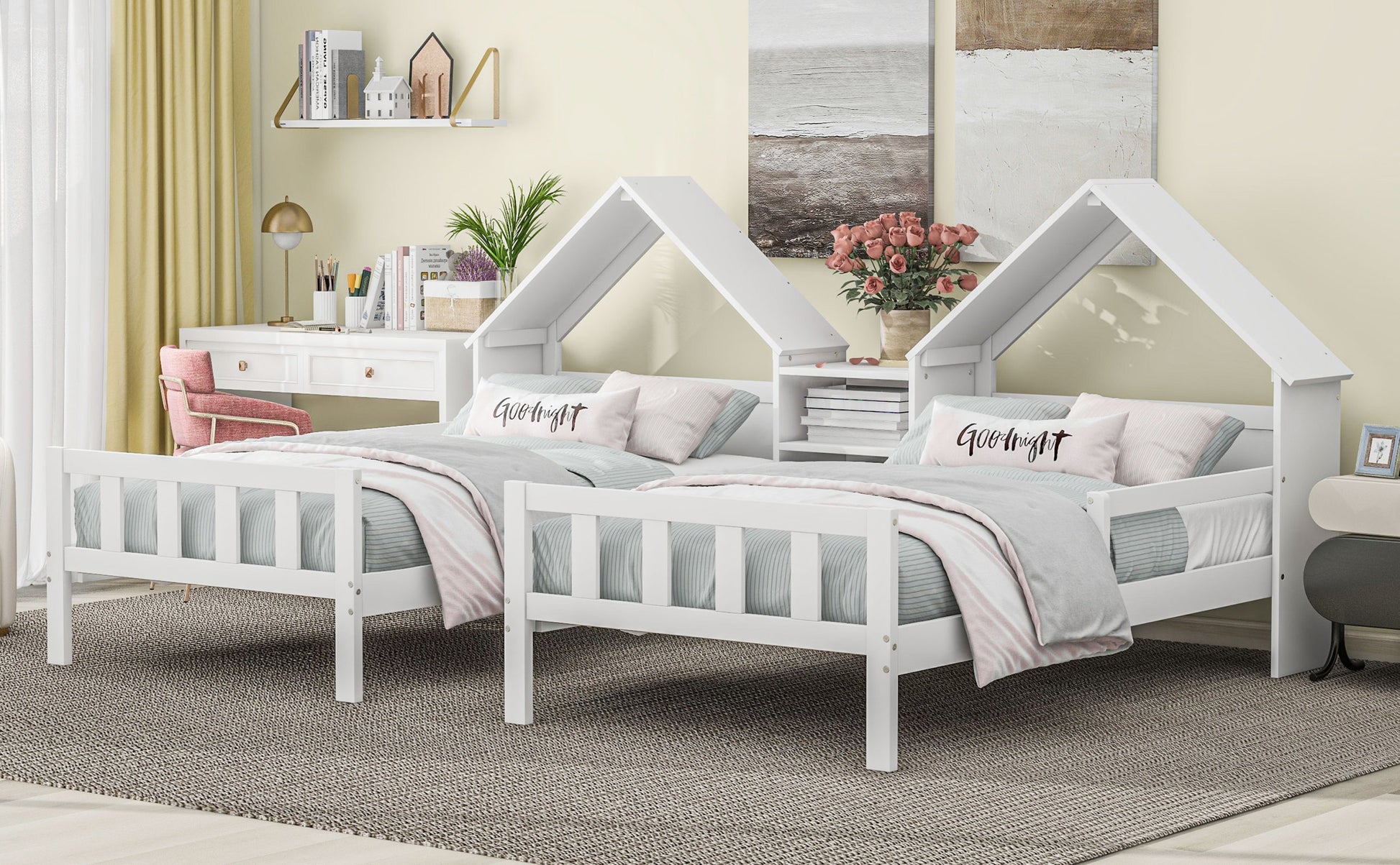 Double Twin Size Platform Bed With House Shaped Headboard And A Built In Nightstand, White Box Spring Not Required Twin White Wood Bedroom Bed Frame Solid Wood Mdf