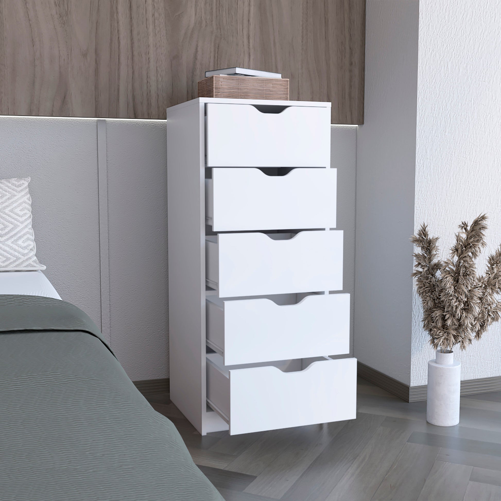 Basilea 5 Drawers Tall Dresser, Pull Out System White White White Drawer 5 Drawers & Above Bedroom Modern 5 White Particle Board Particle Board