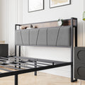 Queen Size Bed Frame, Storage Headboard With Charging Station, Solid And Stable, Noise Free, No Box Spring Needed, Easy Assembly, Vintage Brown And Gray Box Spring Not Required Queen Black Iron Brown Bedroom Bed Frame Metal & Wood