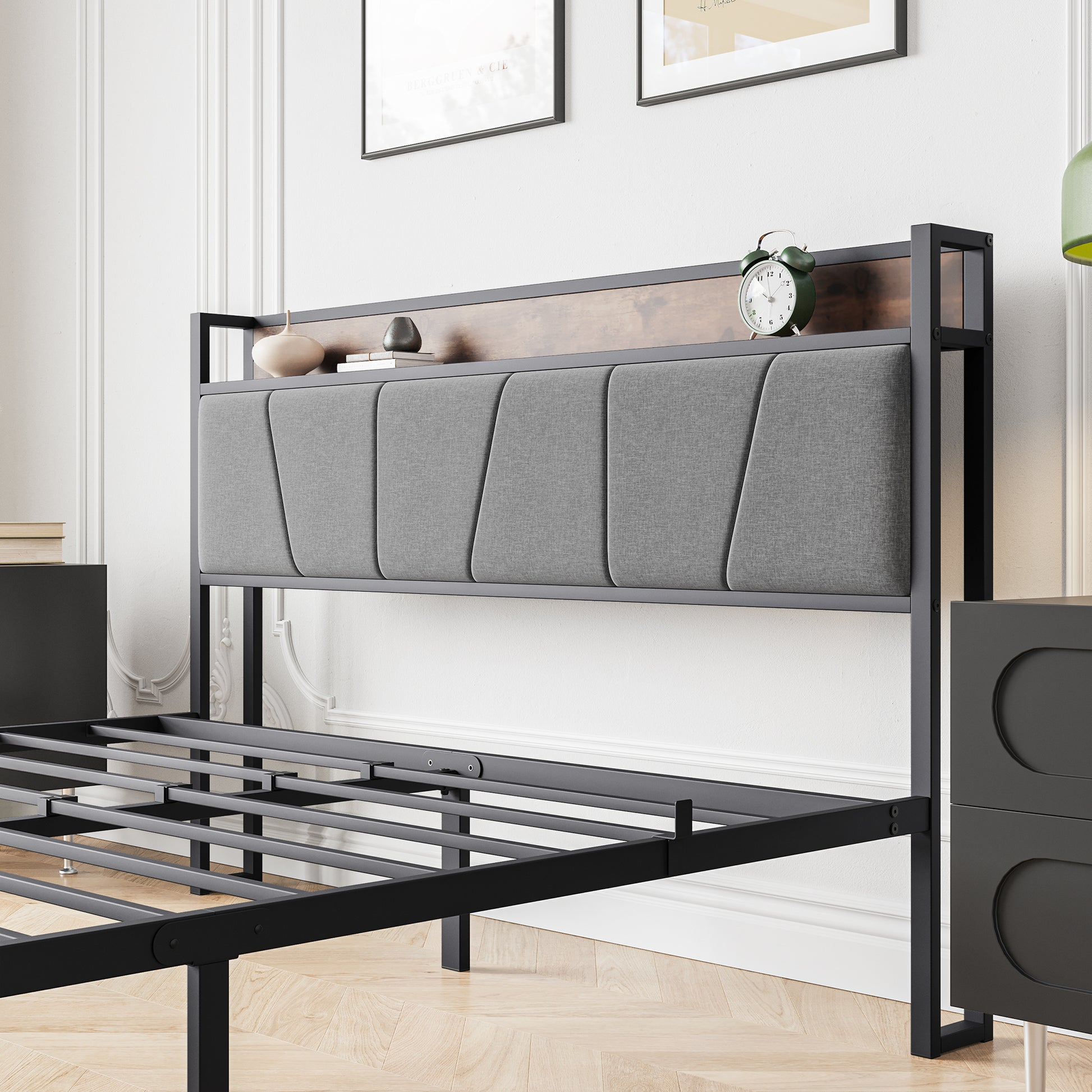 Queen Size Bed Frame, Storage Headboard With Charging Station, Solid And Stable, Noise Free, No Box Spring Needed, Easy Assembly, Vintage Brown And Gray Box Spring Not Required Queen Black Iron Brown Bedroom Bed Frame Metal & Wood