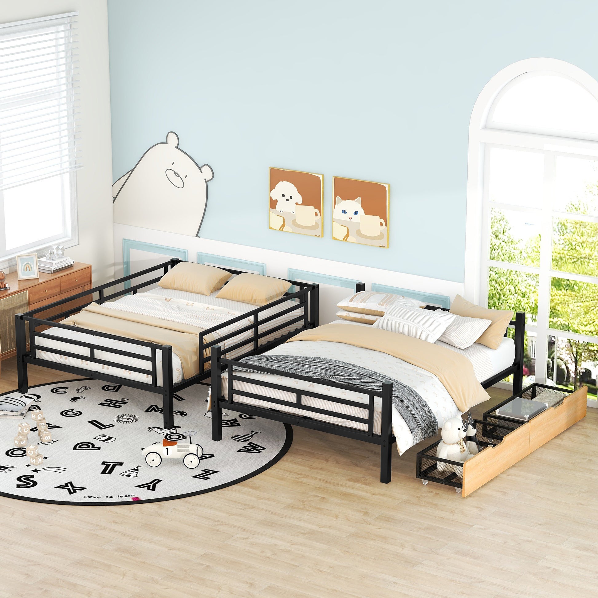 Metal Full Size Convertible Bunk Bed With 2 Drawers, Black Box Spring Not Required Full Black Metal Bedroom Bed Frame Metal & Wood