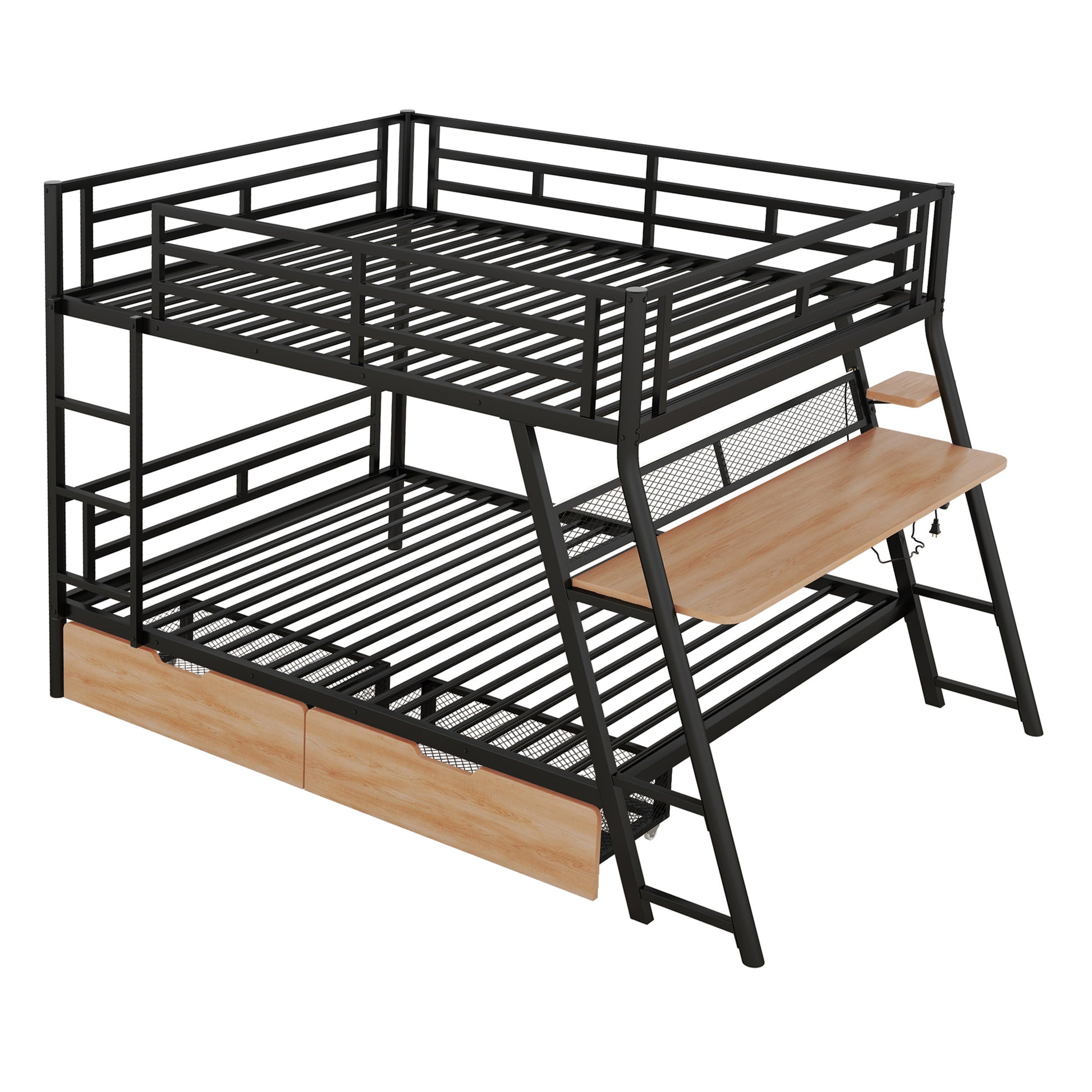 Full Size Metal Bunk Bed With Built In Desk, Light And 2 Drawers, Black Box Spring Not Required Full Black Metal Bedroom Bunk Metal & Wood