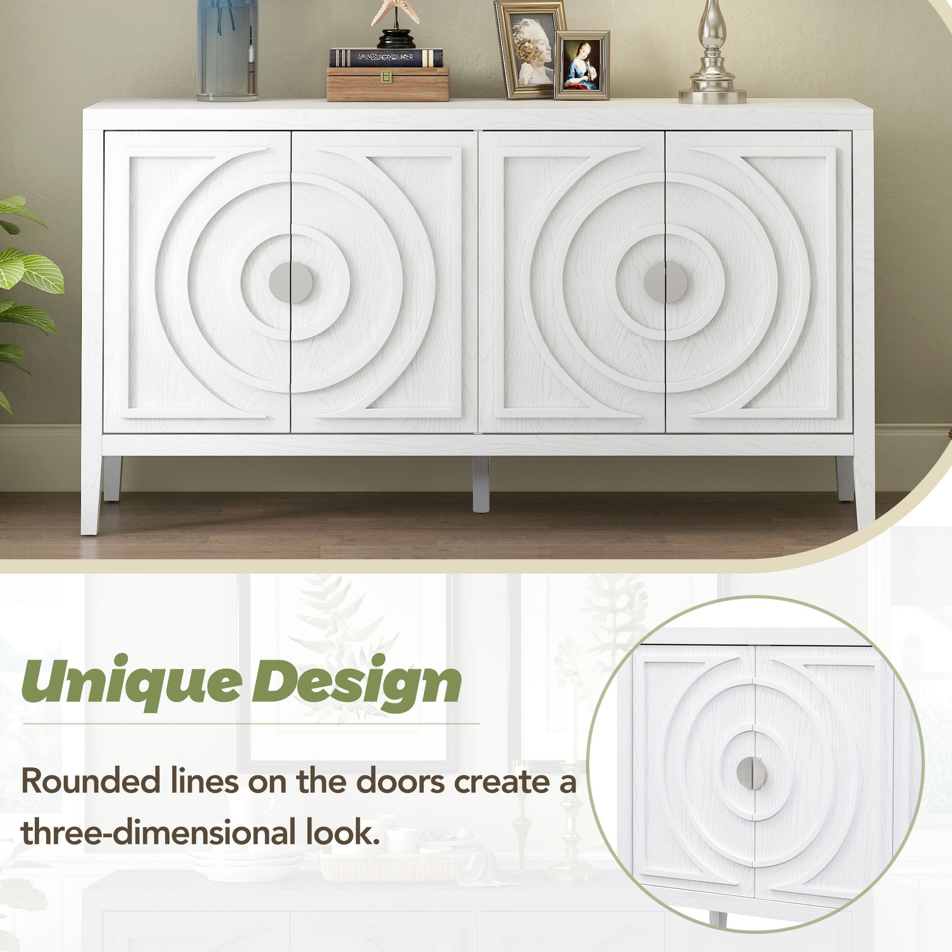 Retro Sideboard Door With Circular Groove Design Round Metal Door Handle For Entrance, Dinning Room, Living Room White White Mdf