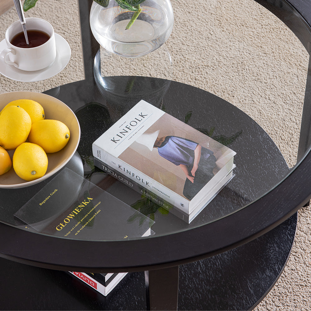 Round Glass Top Solid Wood Storage Coffee Table, Black Black Wood Glass