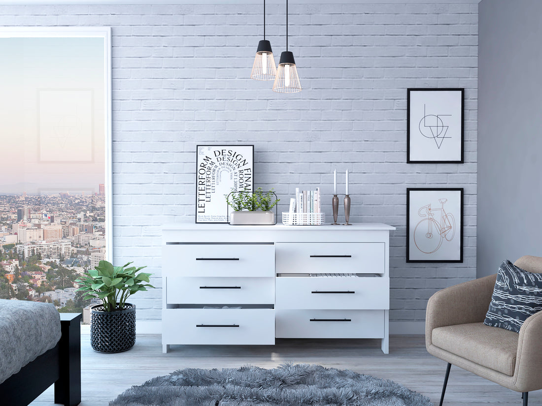 Hms 6 Drawer Double Dresser, Four Legs, Superior Top White White 5 Drawers & Above Modern 6 White Particle Board Particle Board