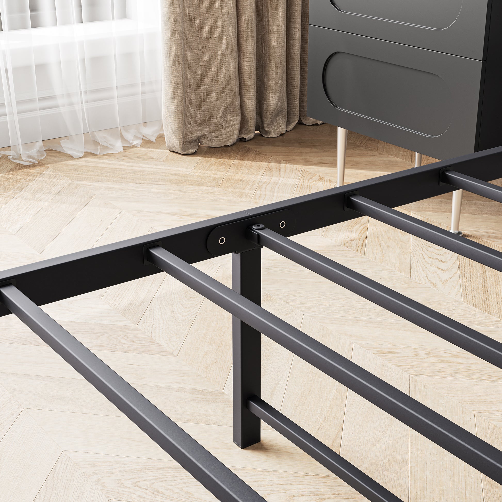 Queen Size Bed Frame, Storage Headboard With Charging Station, Solid And Stable, Noise Free, No Box Spring Needed, Easy Assembly, Vintage Brown And Gray Box Spring Not Required Queen Black Iron Brown Bedroom Bed Frame Metal & Wood