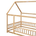 Full Size Floor Wooden Bed With House Roof Frame, Fence Guardrails ,Natural Full Natural Pine