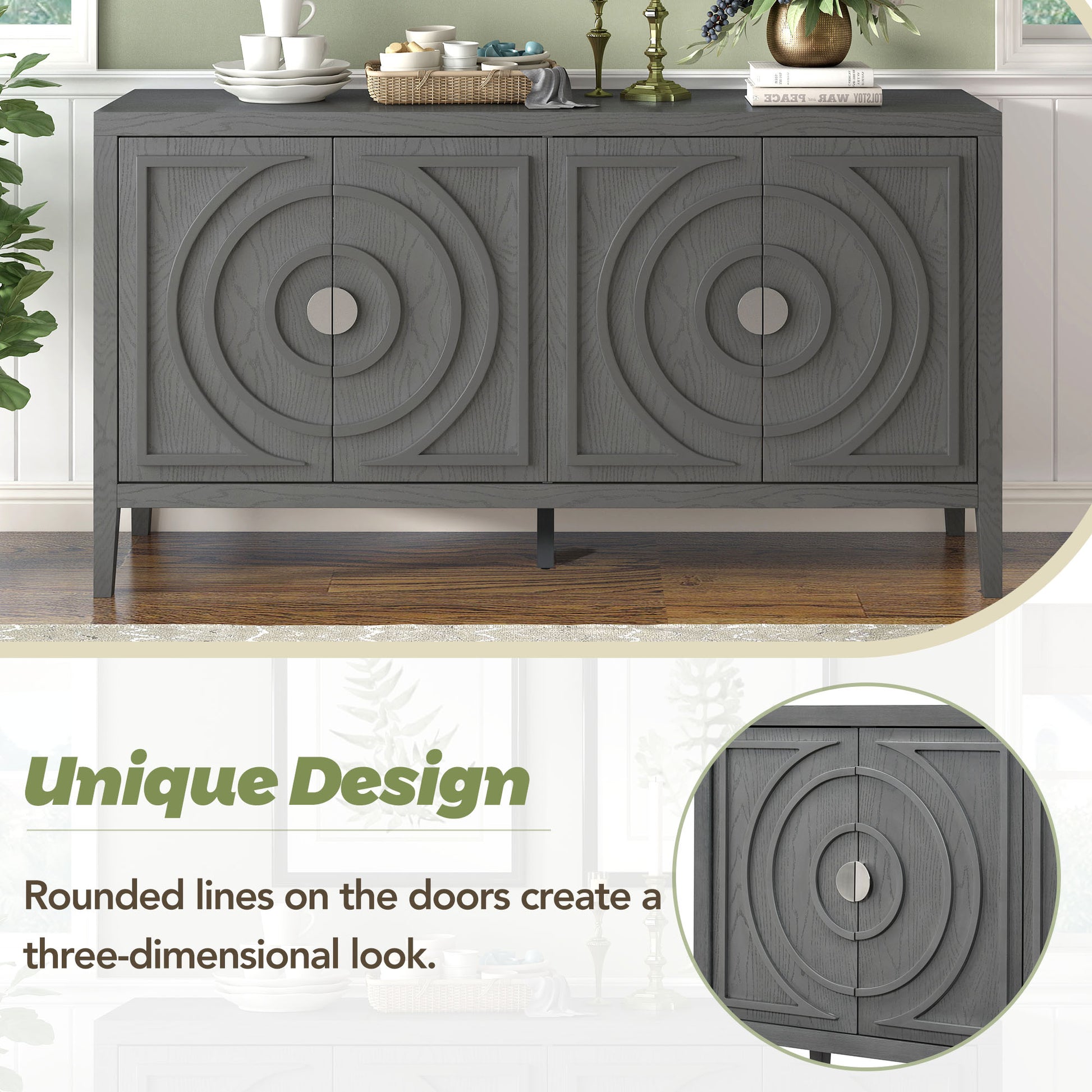 Retro Sideboard Door With Circular Groove Design Round Metal Door Handle For Entrance, Dinning Room, Living Room Gray Gray Mdf