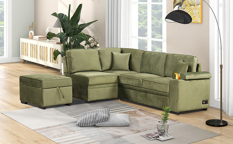 84.75" Sleeper Sofa Bed,2 In 1 Pull Out Sofa Bed L Shape Couch With Storage Ottoman For Living Room,Bedroom Couch And Small Apartment, Green Green Foam Velvet 4 Seat