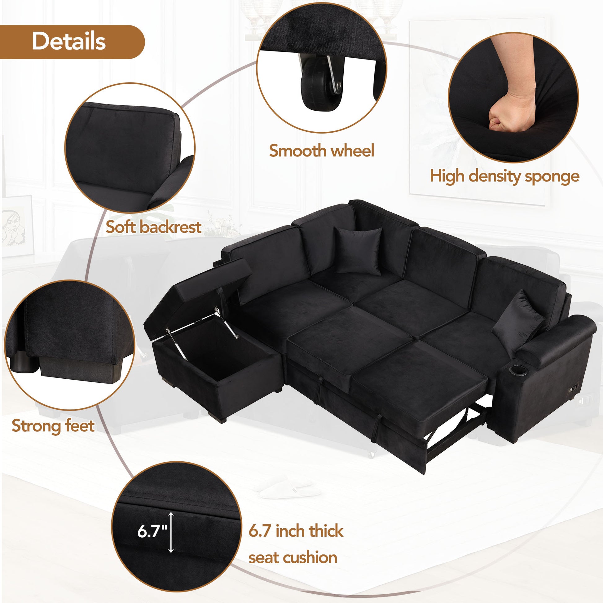 84.75" Sleeper Sofa Bed,2 In 1 Pull Out Sofa Bed L Shape Couch With Storage Ottoman For Living Room,Bedroom Couch And Small Apartment, Black Black Foam Velvet 4 Seat