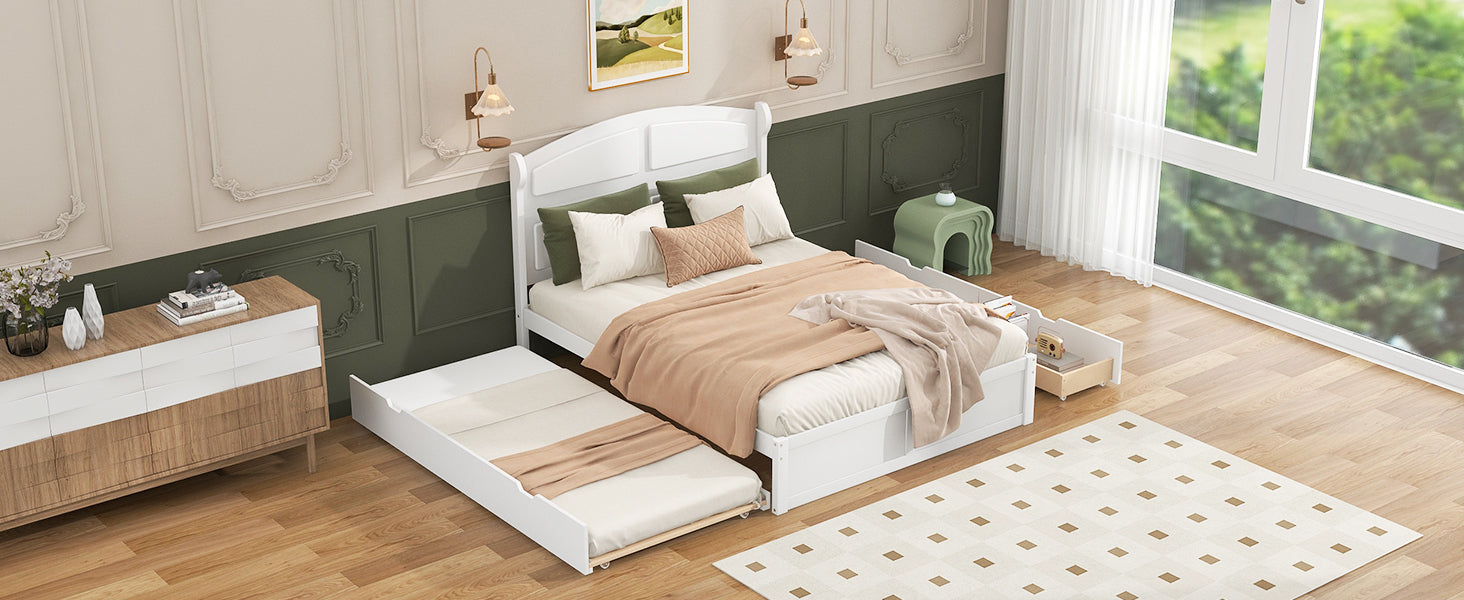 Wood Queen Size Platform Bed With Twin Size Trundle And 2 Drawers, White Box Spring Not Required Queen White Wood Bedroom Bed Frame Solid Wood Mdf