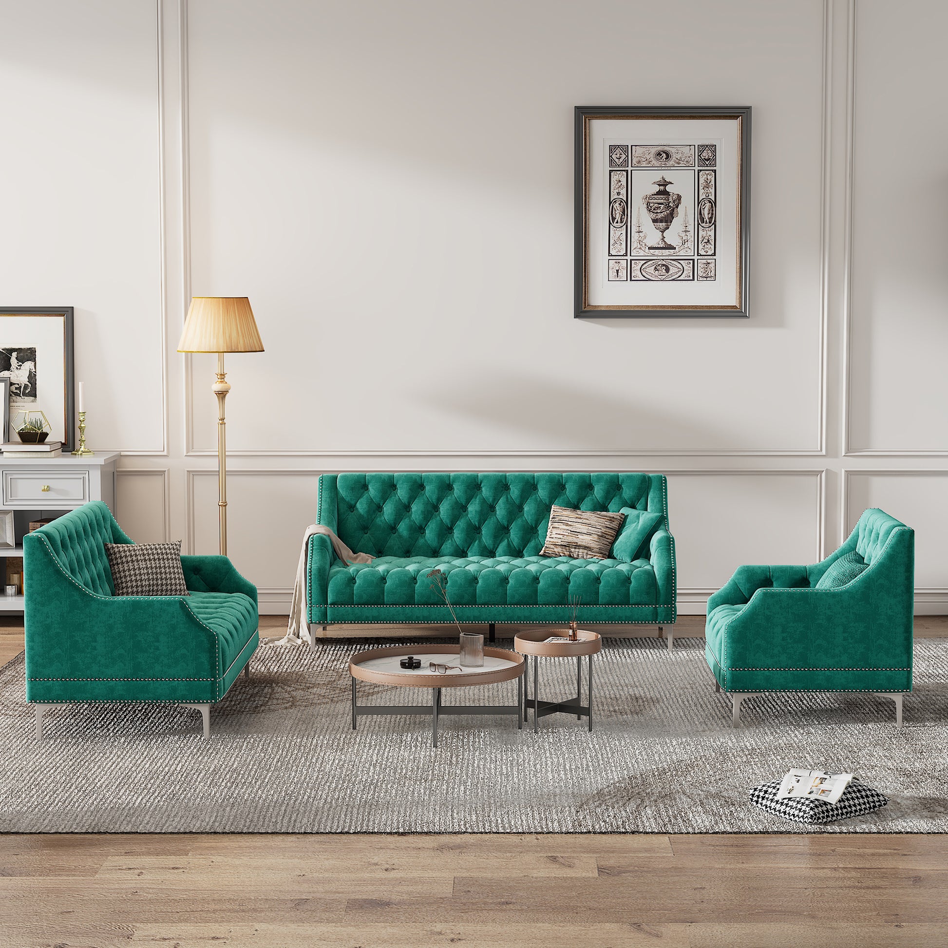 Modern Three Piece Sofa Set With Metal Legs, Buttoned Tufted Backrest, Frosted Velvet Upholstered Sofa Set Including Three Seater Sofa, Double Seater And Living Room Furniture Set Single Chair Green Foam Polyester