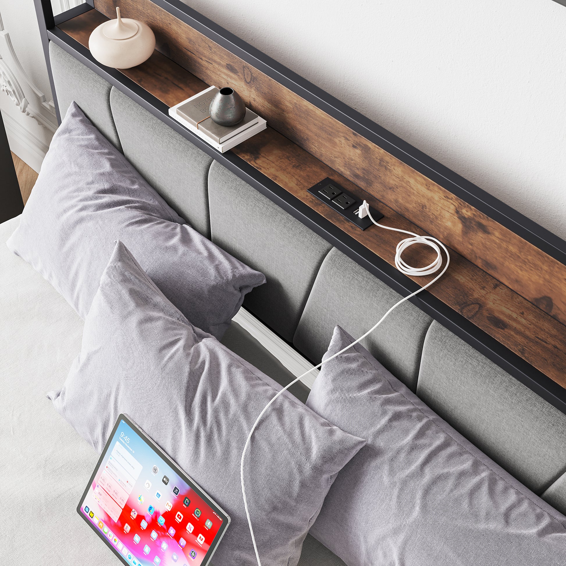 Queen Size Bed Frame, Storage Headboard With Charging Station, Solid And Stable, Noise Free, No Box Spring Needed, Easy Assembly, Vintage Brown And Gray Box Spring Not Required Queen Black Iron Brown Bedroom Bed Frame Metal & Wood