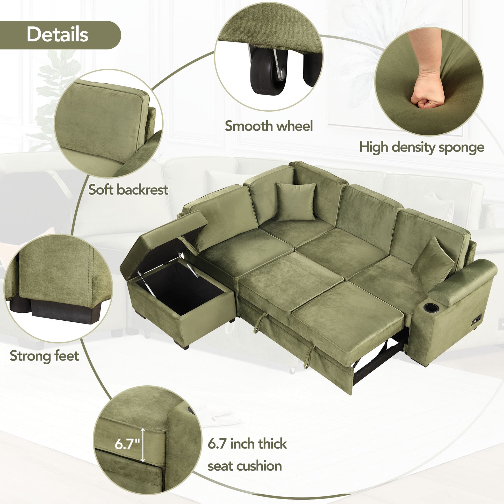84.75" Sleeper Sofa Bed,2 In 1 Pull Out Sofa Bed L Shape Couch With Storage Ottoman For Living Room,Bedroom Couch And Small Apartment, Green Green Foam Velvet 4 Seat