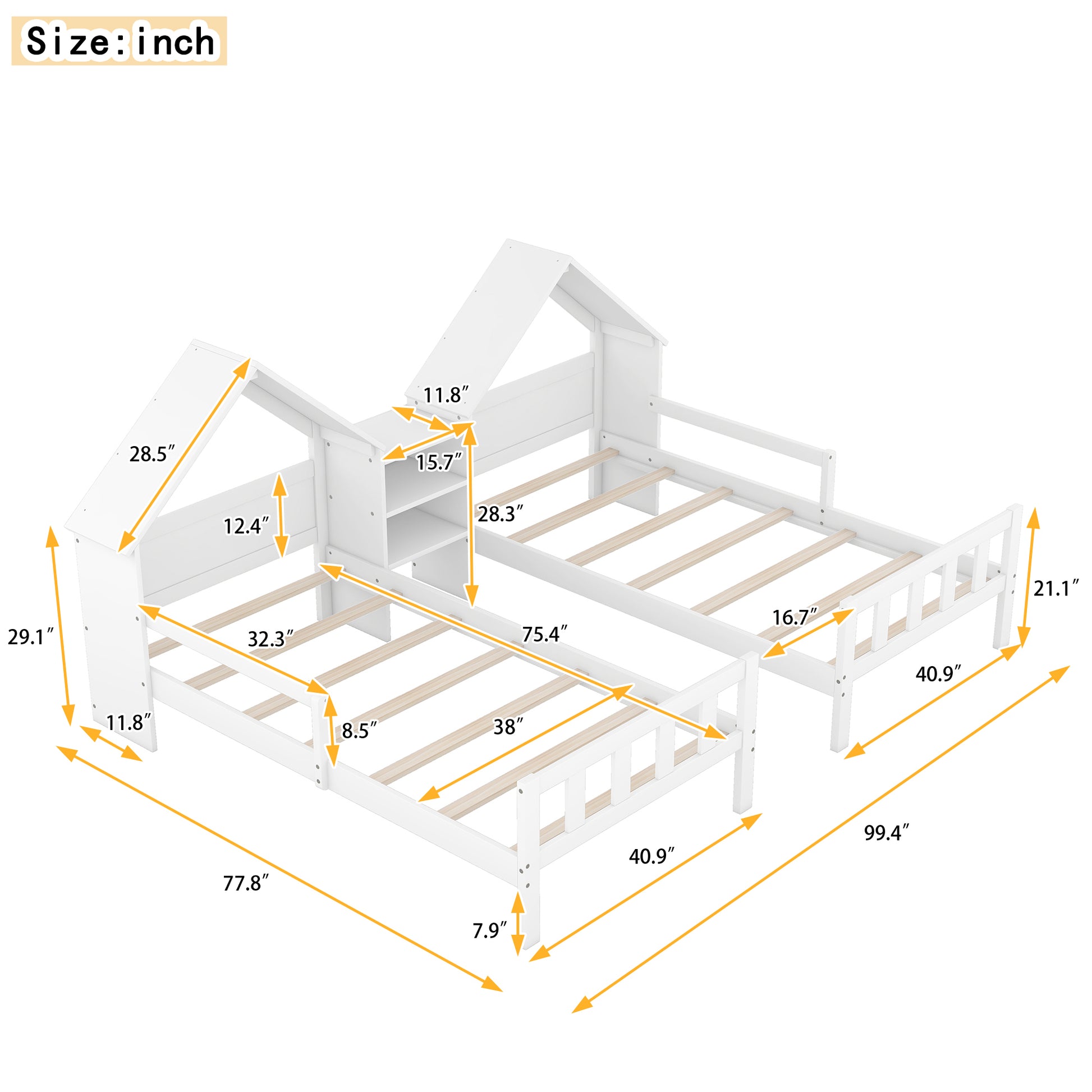 Double Twin Size Platform Bed With House Shaped Headboard And A Built In Nightstand, White Box Spring Not Required Twin White Wood Bedroom Bed Frame Solid Wood Mdf