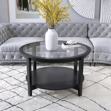 Round Glass Top Solid Wood Storage Coffee Table, Black Black Wood Glass