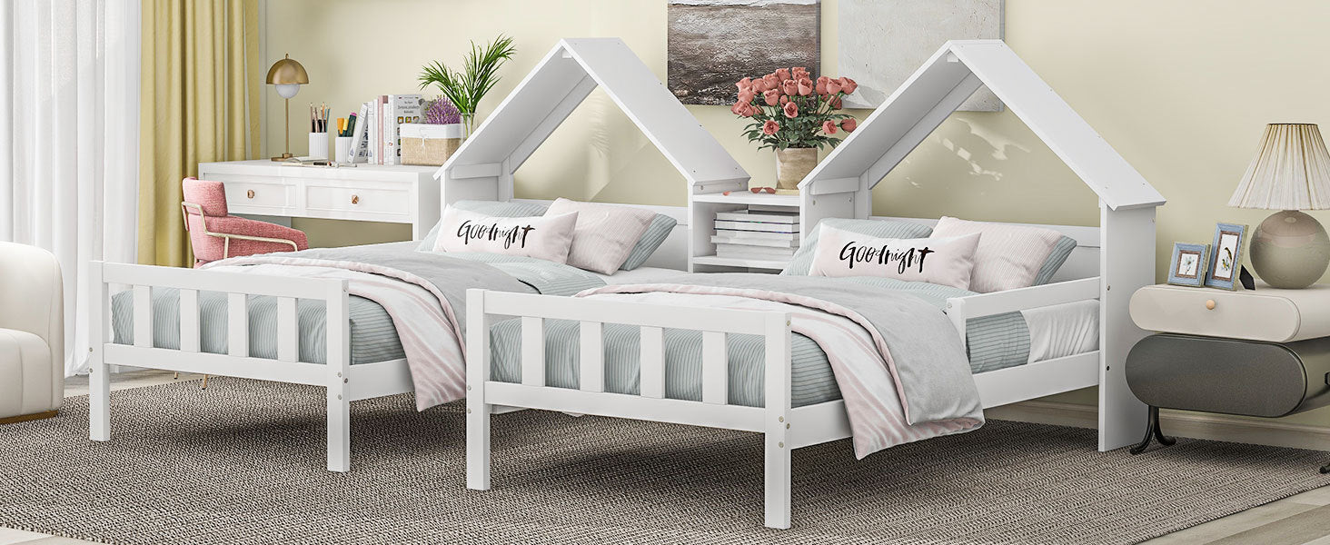 Double Twin Size Platform Bed With House Shaped Headboard And A Built In Nightstand, White Box Spring Not Required Twin White Wood Bedroom Bed Frame Solid Wood Mdf