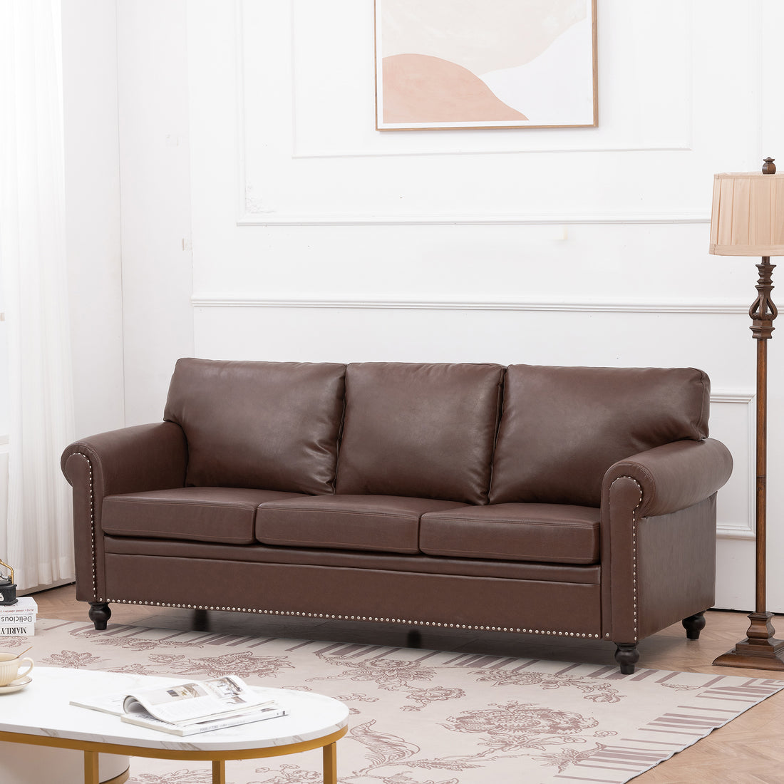 3 Seater Sofa. Brown Pu Foam Fabric 3 Seat