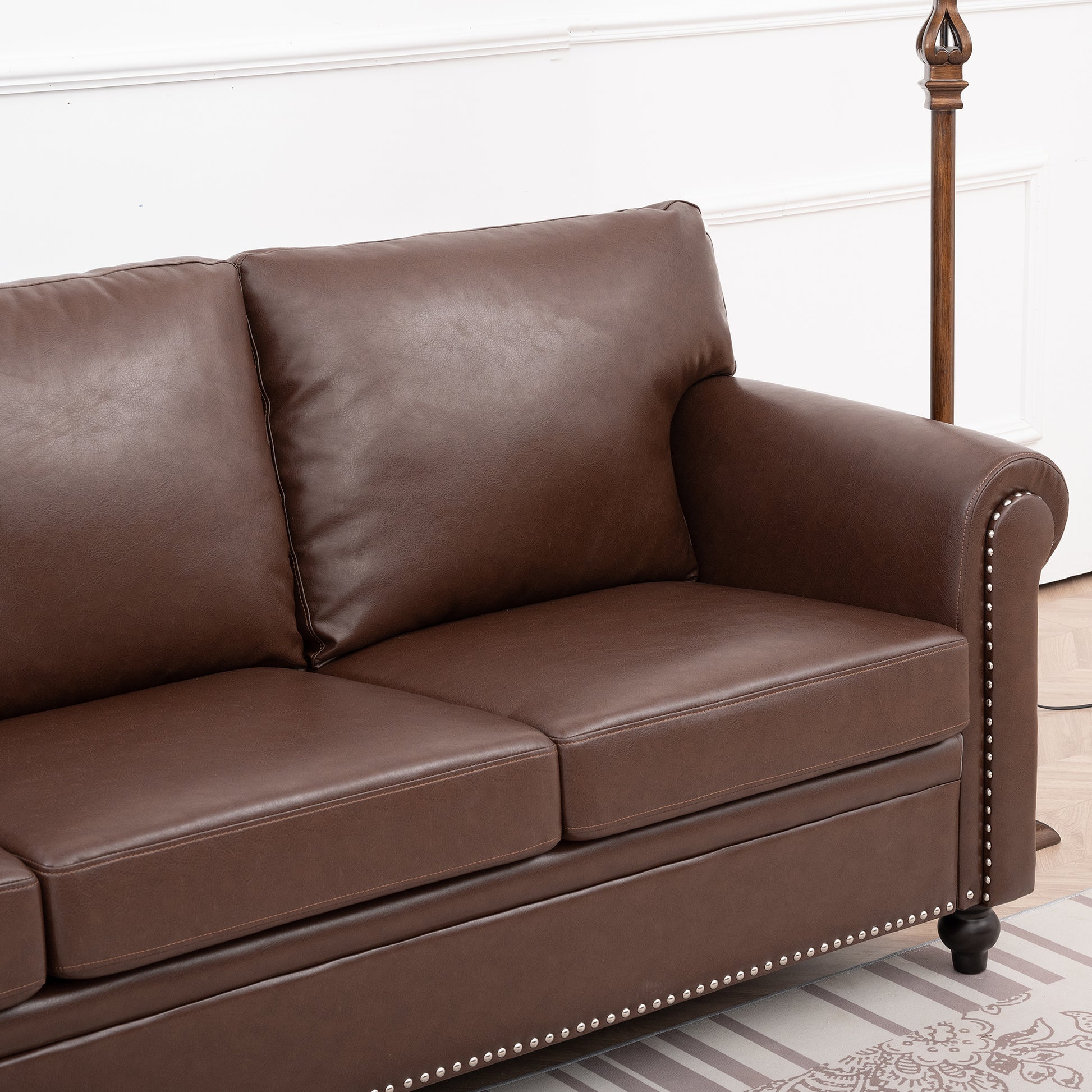 3 Seater Sofa. Brown Pu Foam Fabric 3 Seat