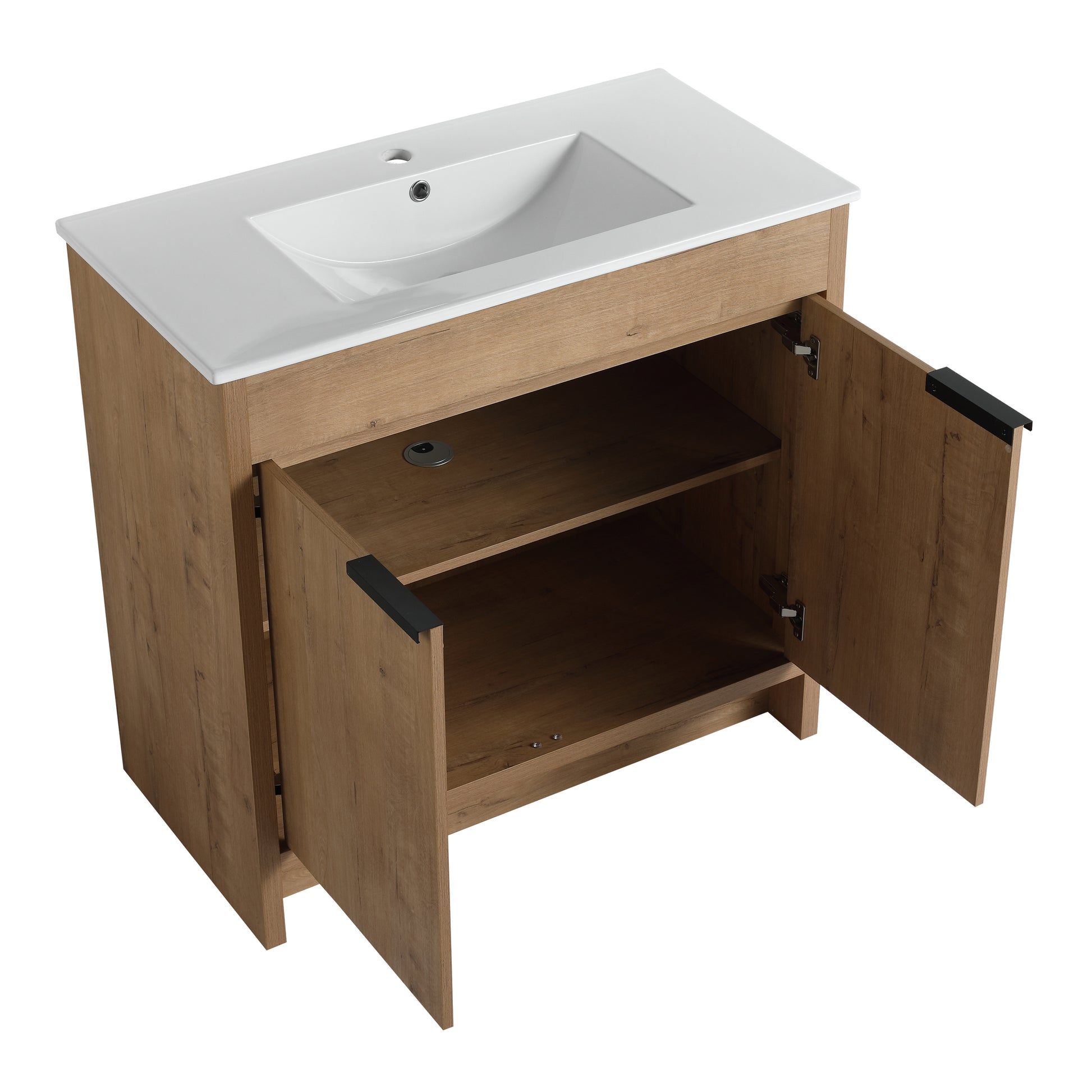 36" Freestanding Bathroom Vanity With White Ceramic Sink & 2 Soft Close Cabinet Doors Kd Packing ,Bvb02436Imo F Bl9090B Imitative Oak 2 Bathroom Freestanding Modern Plywood