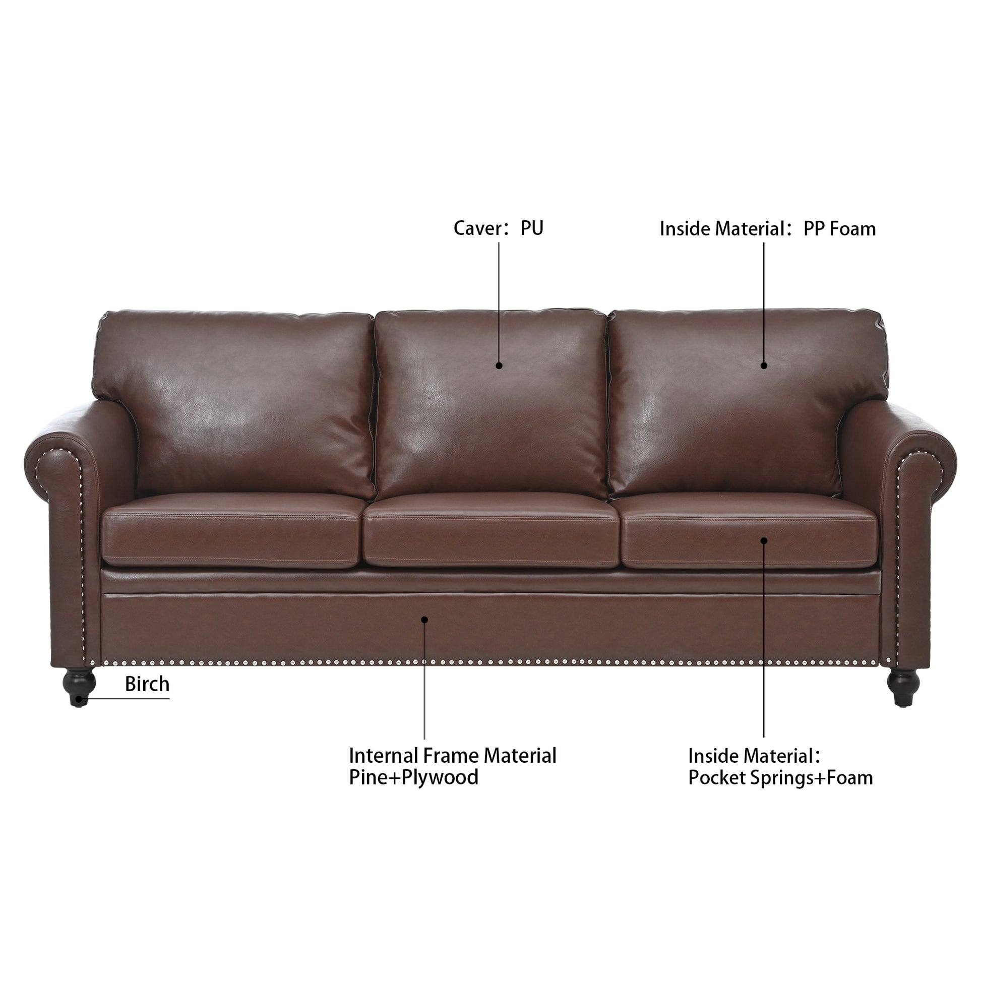 3 Seater Sofa. Brown Pu Foam Fabric 3 Seat