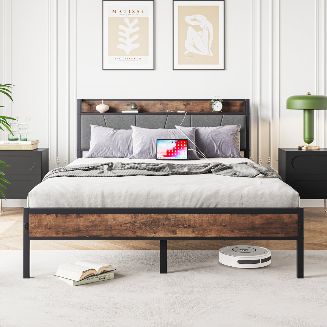 Queen Size Bed Frame, Storage Headboard With Charging Station, Solid And Stable, Noise Free, No Box Spring Needed, Easy Assembly, Vintage Brown And Gray Box Spring Not Required Queen Black Iron Brown Bedroom Bed Frame Metal & Wood