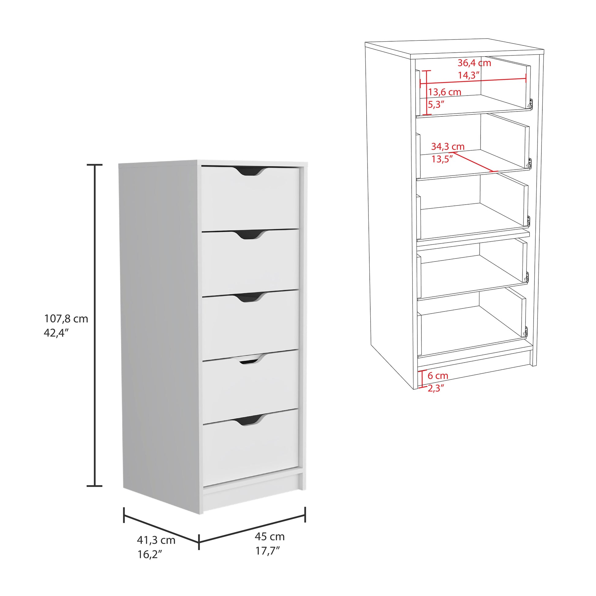 Basilea 5 Drawers Tall Dresser, Pull Out System White White White Bedroom Modern Particle Board Particle Board