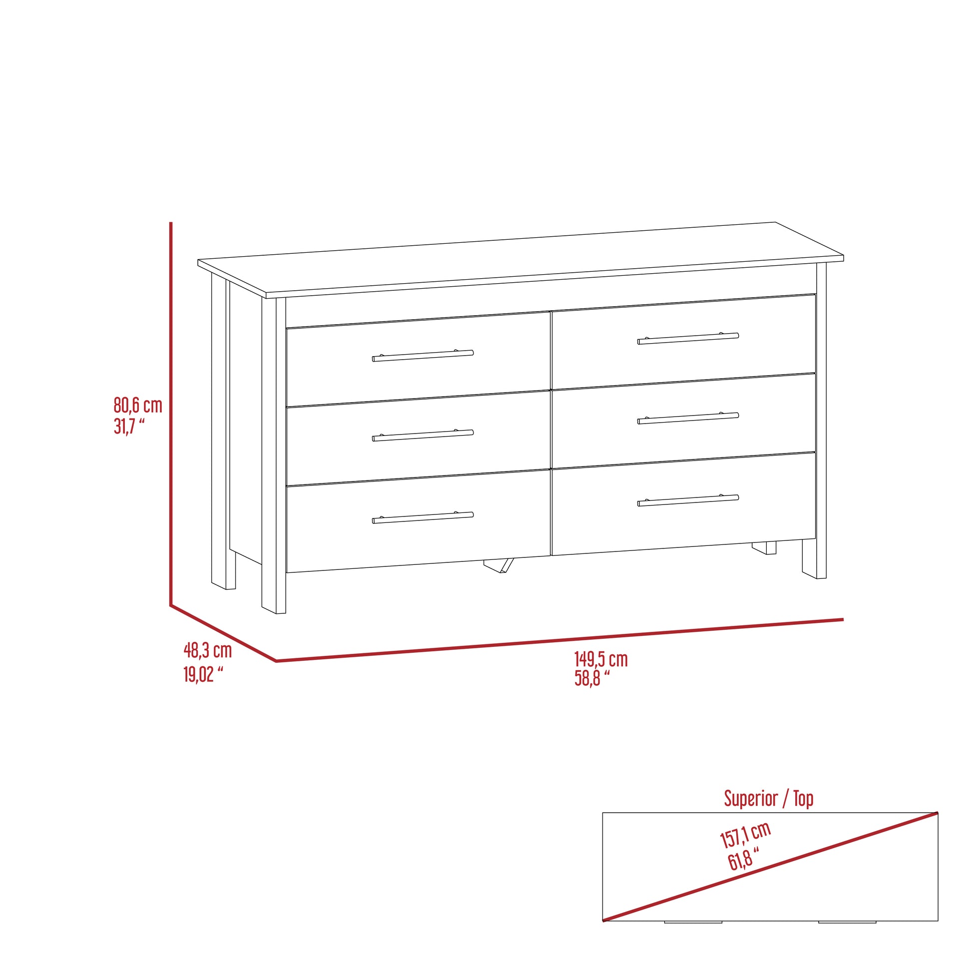 Hms 6 Drawer Double Dresser, Four Legs, Superior Top White White Modern Particle Board Particle Board