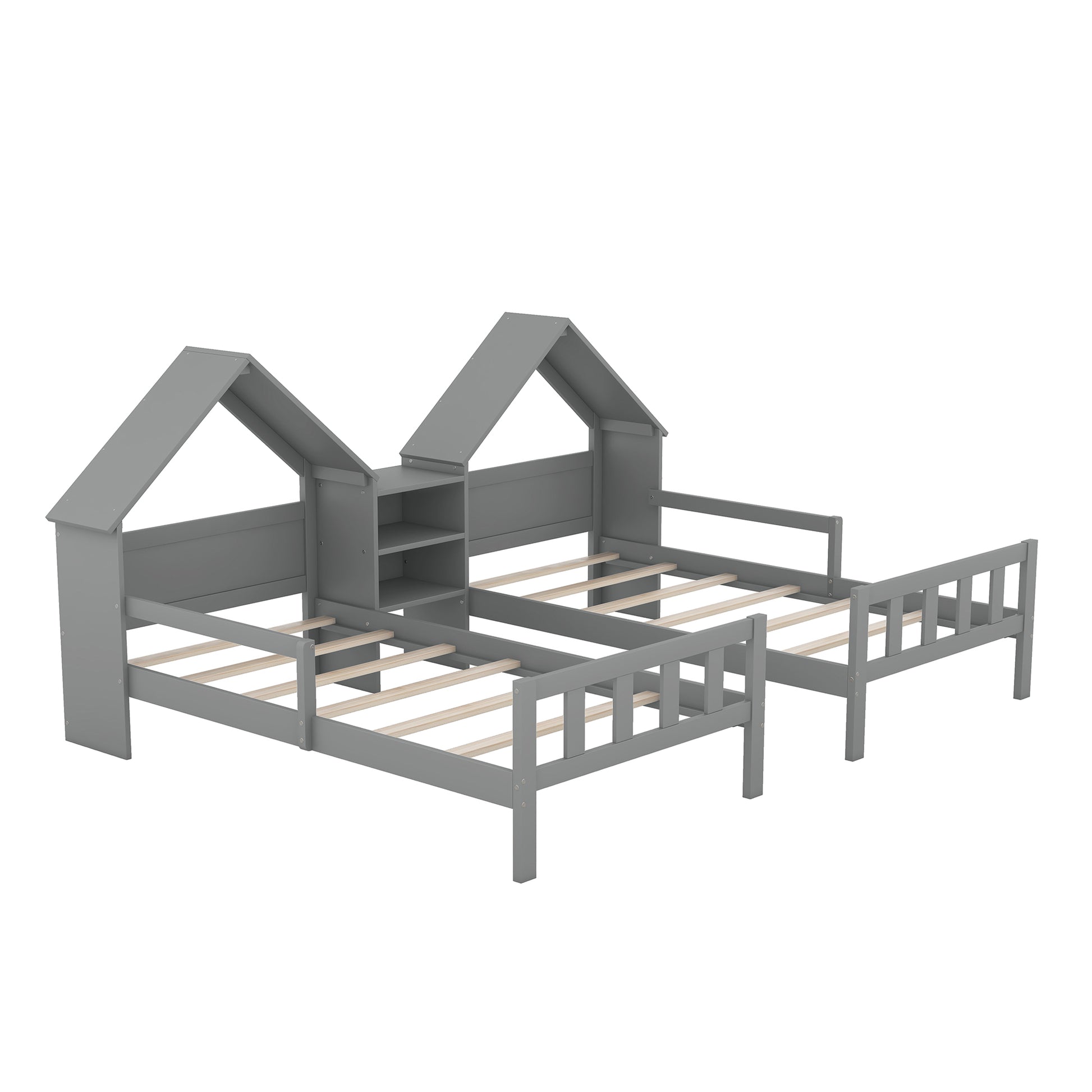 Double Twin Size Platform Bed With House Shaped Headboard And A Built In Nightstand, Grey Box Spring Not Required Twin Grey Wood Bedroom Bed Frame Solid Wood Mdf