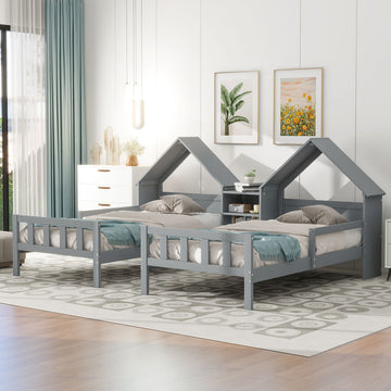 Double Twin Size Platform Bed With House Shaped Headboard And A Built In Nightstand, Grey Box Spring Not Required Twin Grey Wood Bedroom Bed Frame Solid Wood Mdf