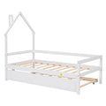 Twin House Wooden Daybed With Trundle, Twin House Shaped Headboard Bed With Guardrails,White Twin White Wood Bedroom American Design Pine Pine